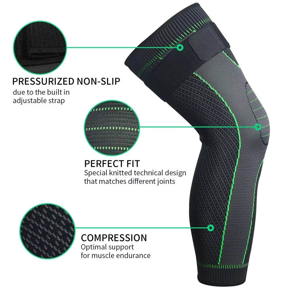 Full Leg Compression Sleeves with Adjustable Straps for Men and Women, designed for Running, Basketball, Football, and Cycling.