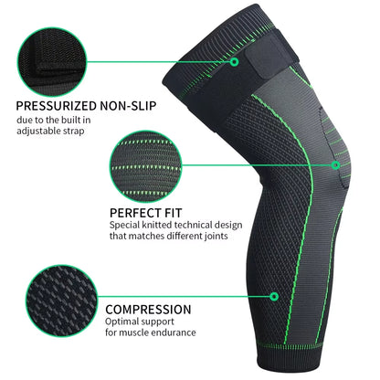 Full Leg Compression Sleeves with Adjustable Straps for Men and Women, designed for Running, Basketball, Football, and Cycling.